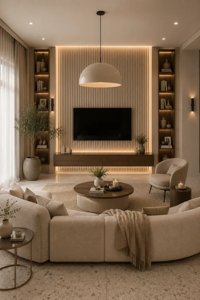 Fluted Panel TV Wall Terraced Living Room Idea