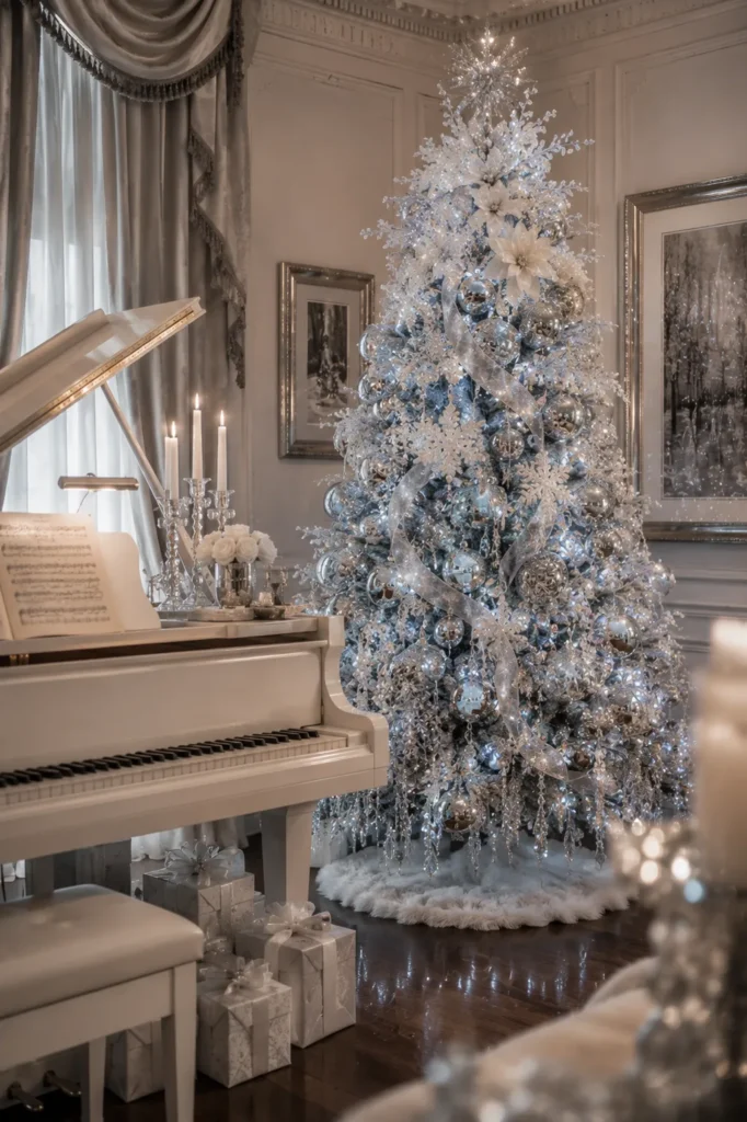 Frosted Silver Piano Room Christmas Tree Idea