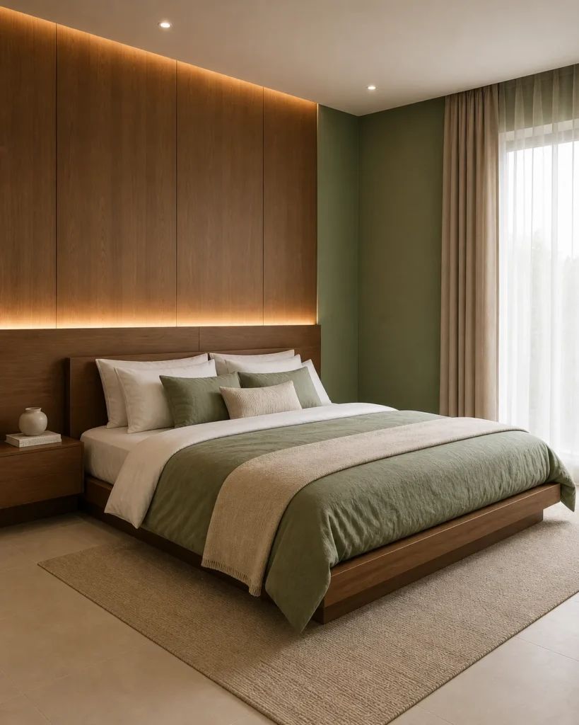 Green and Warm Wood Balanced Bedroom Idea