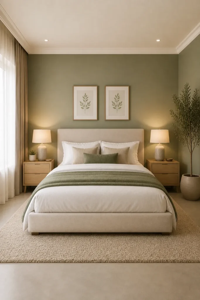 Green and Neutral Balanced Modern Bedroom Idea