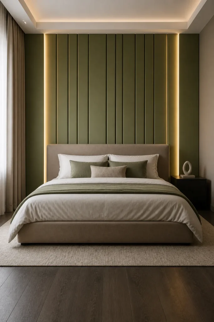Green Vertical Panel Feature Wall Bedroom Idea