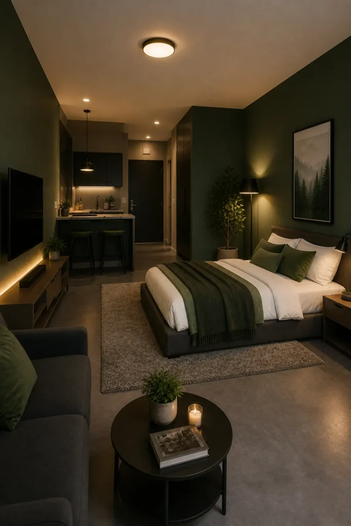 Green Studio-Style Bedroom Setup Idea