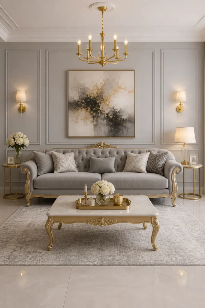 Grey & Gold Balanced Rococo Living Room Idea