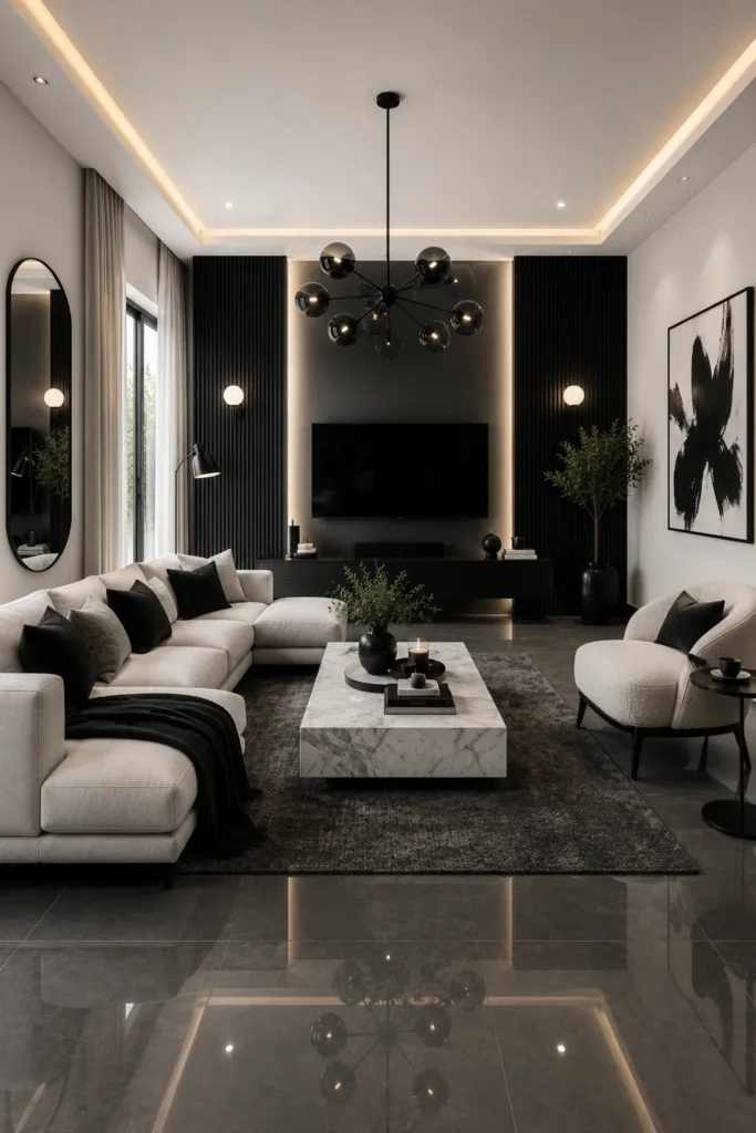 High-Contrast Monochrome Terraced Lounge Idea