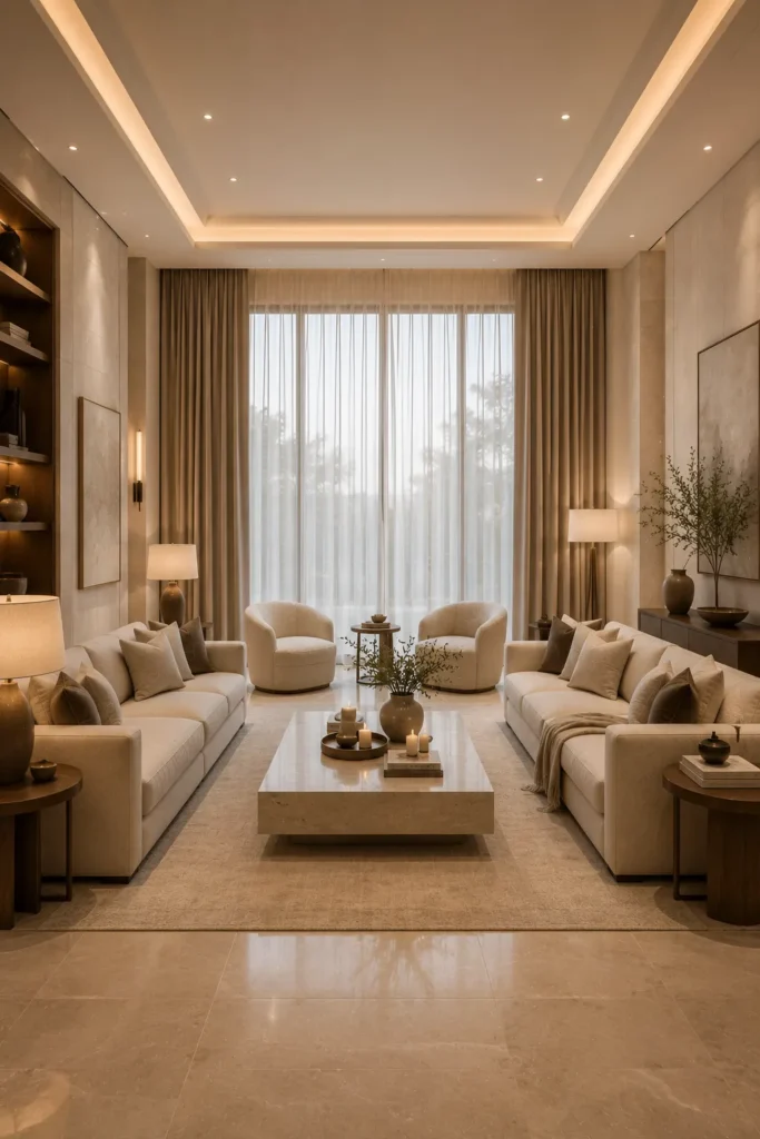 High-End Neutral Living Room With Hotel-Inspired Styling Idea