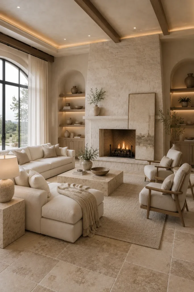 Ivory Living Room With Stone Fireplace Idea