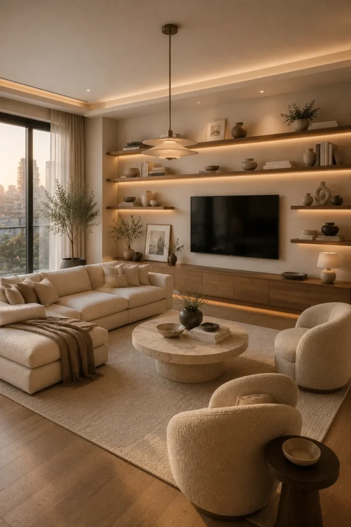 Luxury Living Room With Floating Shelves Idea