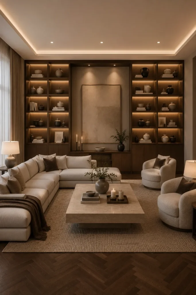 Luxury Living Room With Built-In Shelving Idea