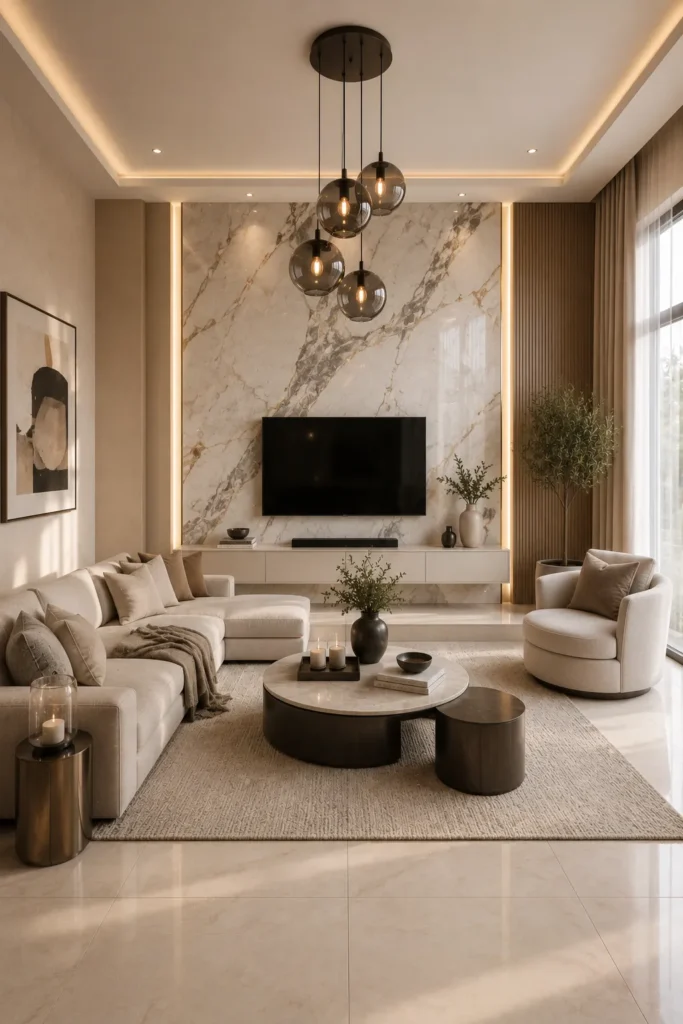 Marble Accent Wall Terraced Lounge Idea