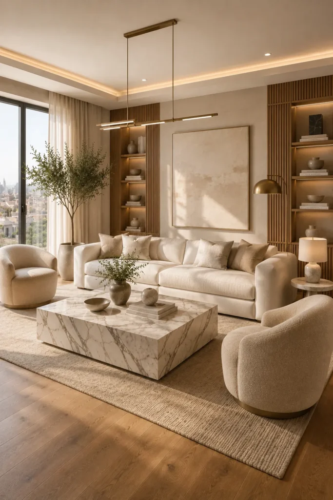 Marble and Oak Quiet Luxury Living Room Idea