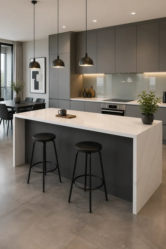 Matte Charcoal Island with Waterfall Quartz Idea