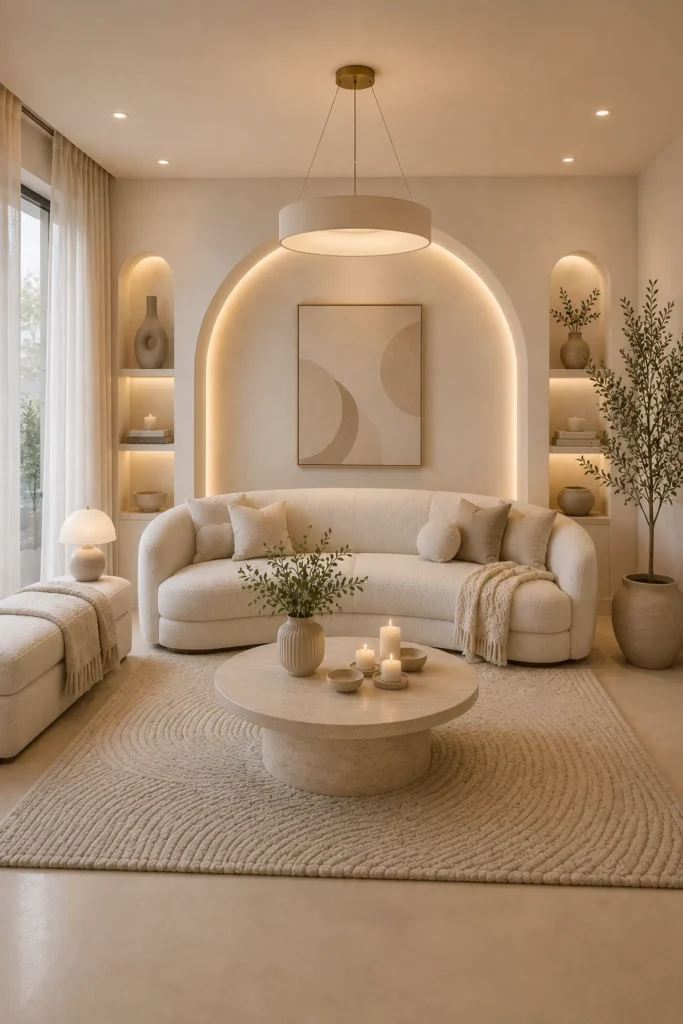 Modern White Living Room With Arch Wall Design Idea