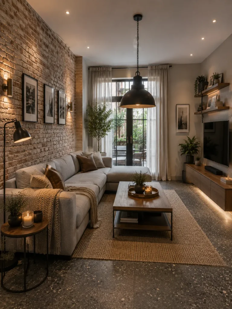 Modern Rustic Brick Accent Terraced Living Room Idea