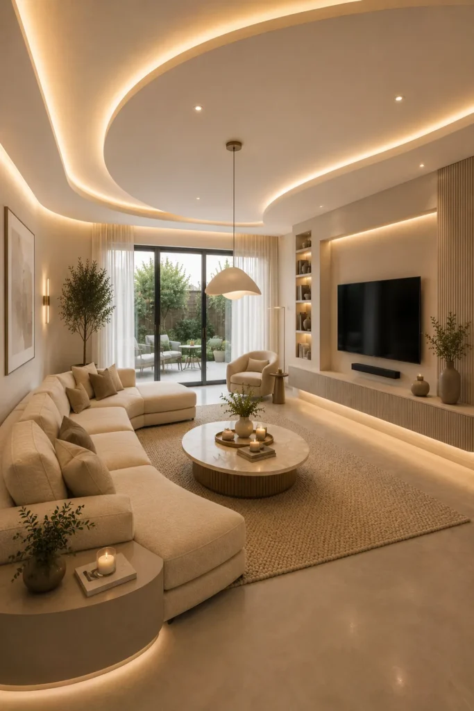 Modern Terraced Living Room with Curved Ceiling Lighting Idea