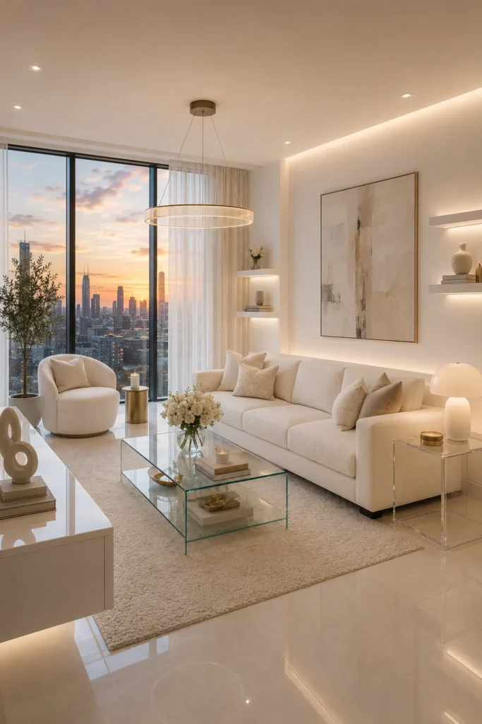 Modern White Living Room With Glass Elements Idea