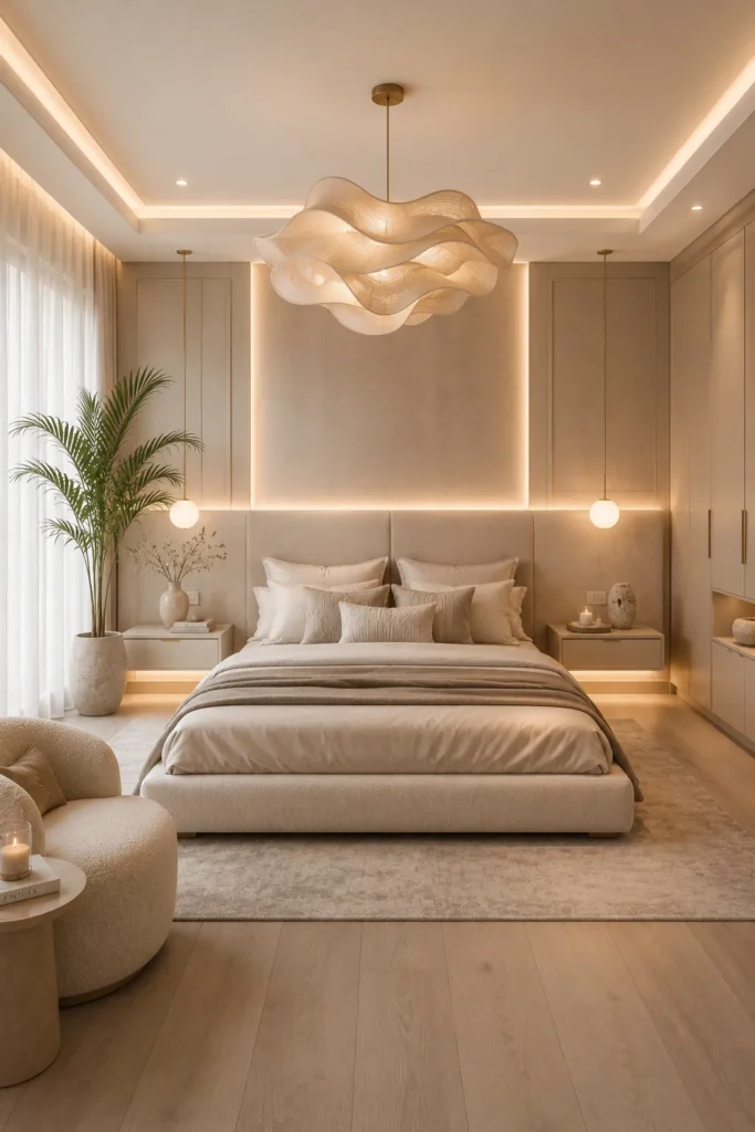 Modern Beige Bedroom with Floating Lighting Idea