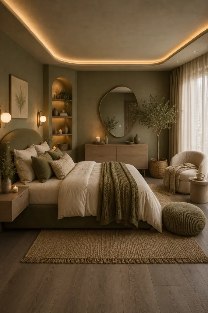 Muted Olive Bedroom with Modern Warmth Idea