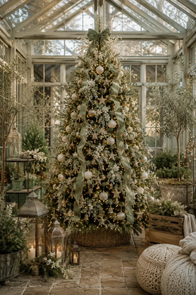 Muted Sage Green Conservatory Christmas Tree Idea