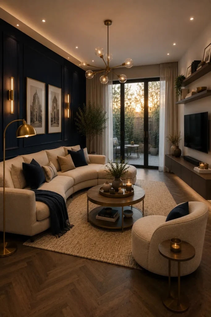 Navy and Beige Contemporary Terraced Lounge Idea