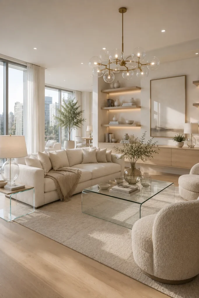 Neutral Luxury Living Room With Glass Elements Idea