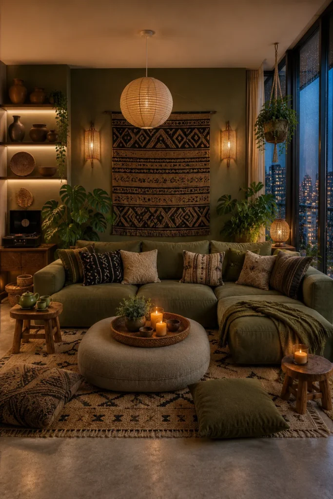 Olive Green Afrohemian Apartment Lounge Idea