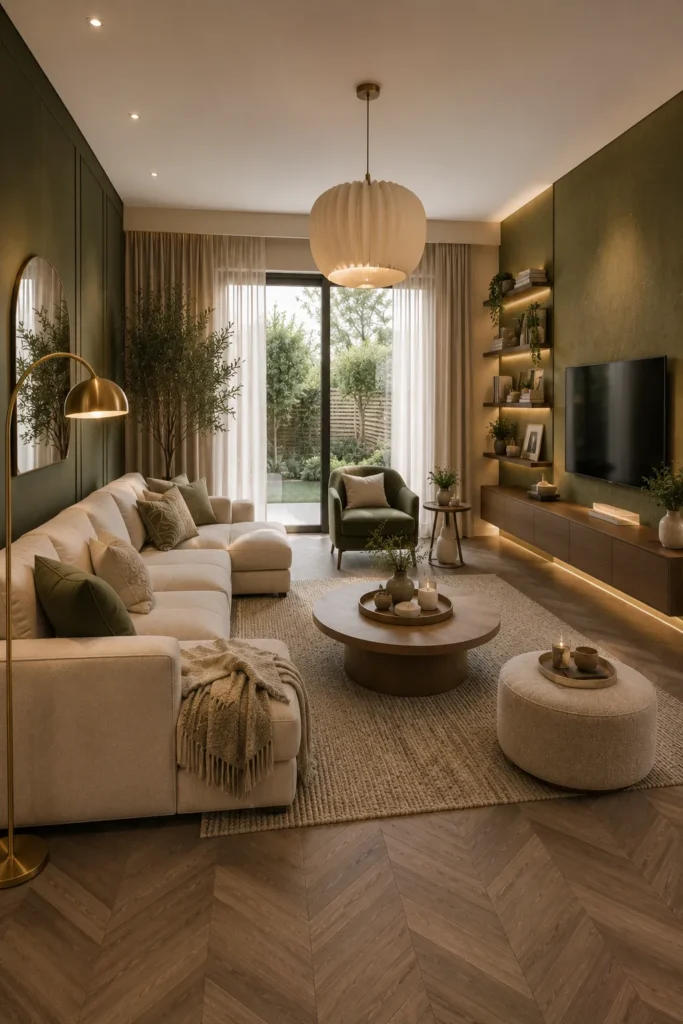 Olive Green and Cream Modern Terraced Living Room Idea