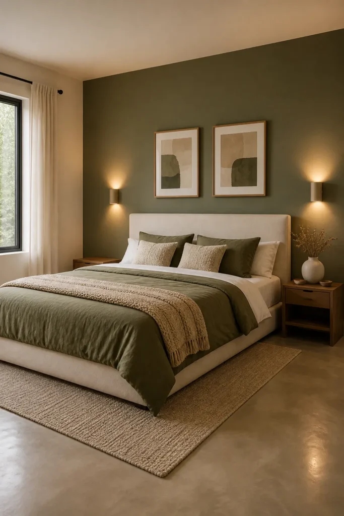 Olive Green Accent Wall with Cream Balance Idea