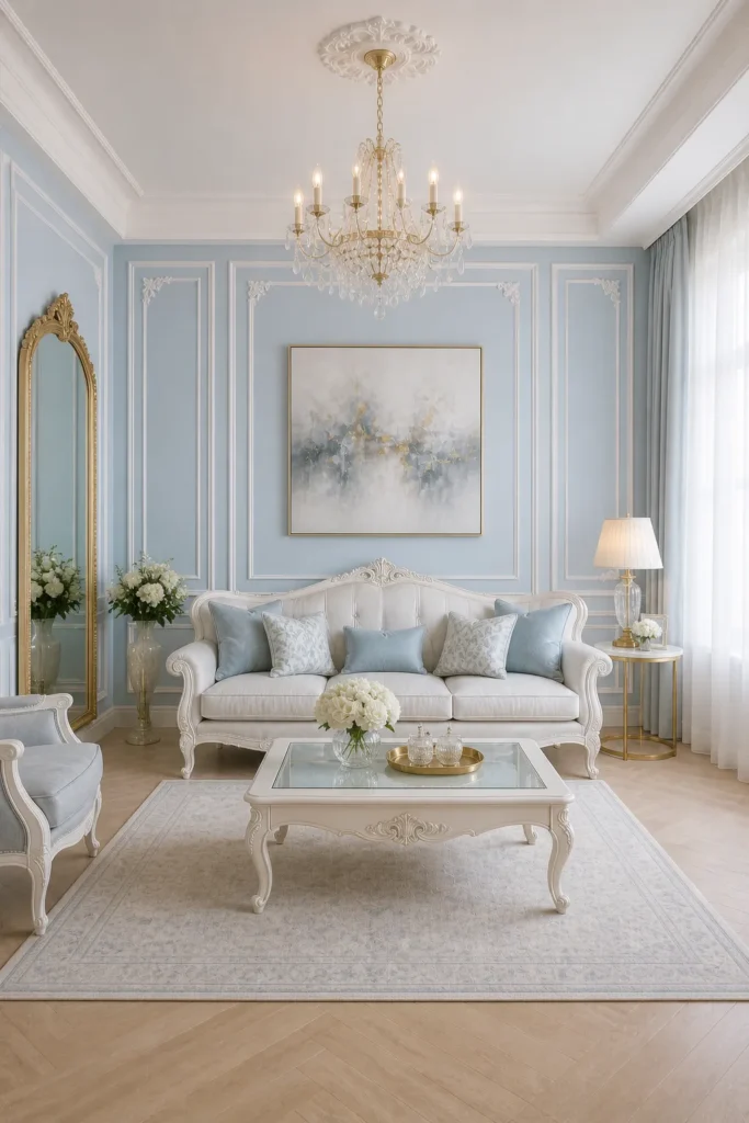 Pastel Blue Elegant Rococo Living Room Idea