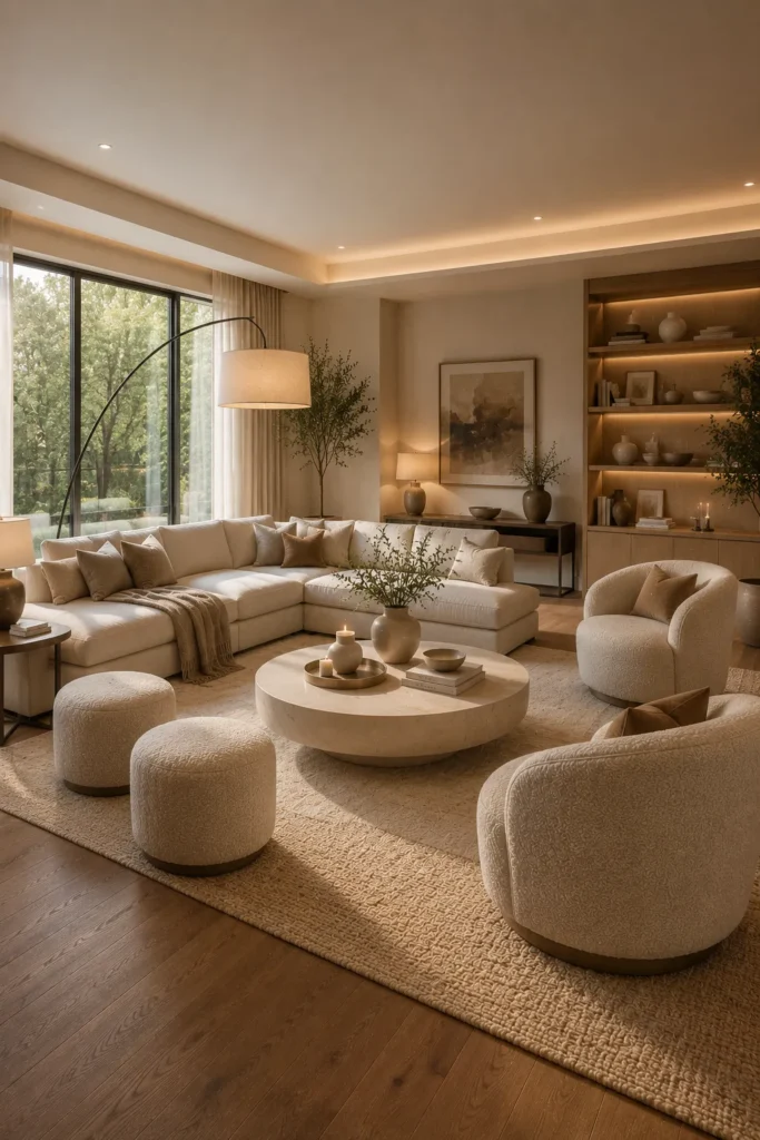 Quiet Luxury Living Room With Layered Seating Idea