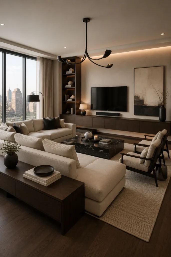 Quiet Luxury Living Room With Dark Contrast Accents Idea