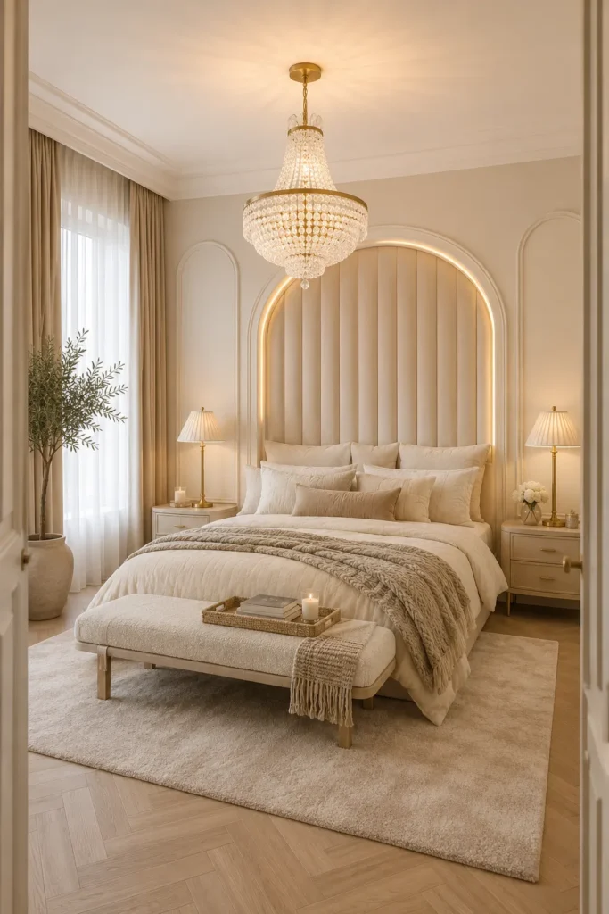 Romantic Cream Bedroom with Arched Wall Panels Idea