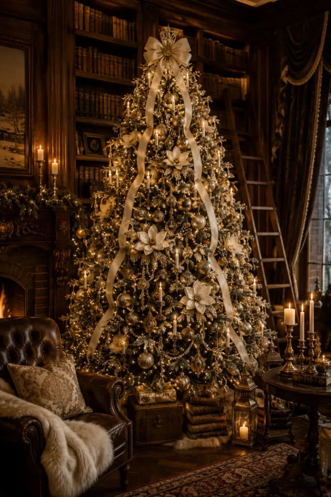 Romantic Candlelit Library Christmas Tree Idea