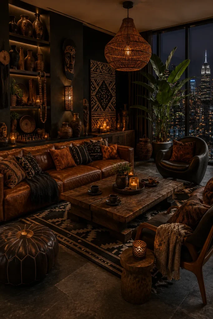 Rustic Black & Camel Afrohemian Living Room Idea