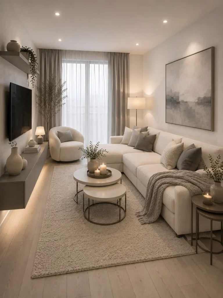 Small White Living Room With Soft Gray Contrast Idea