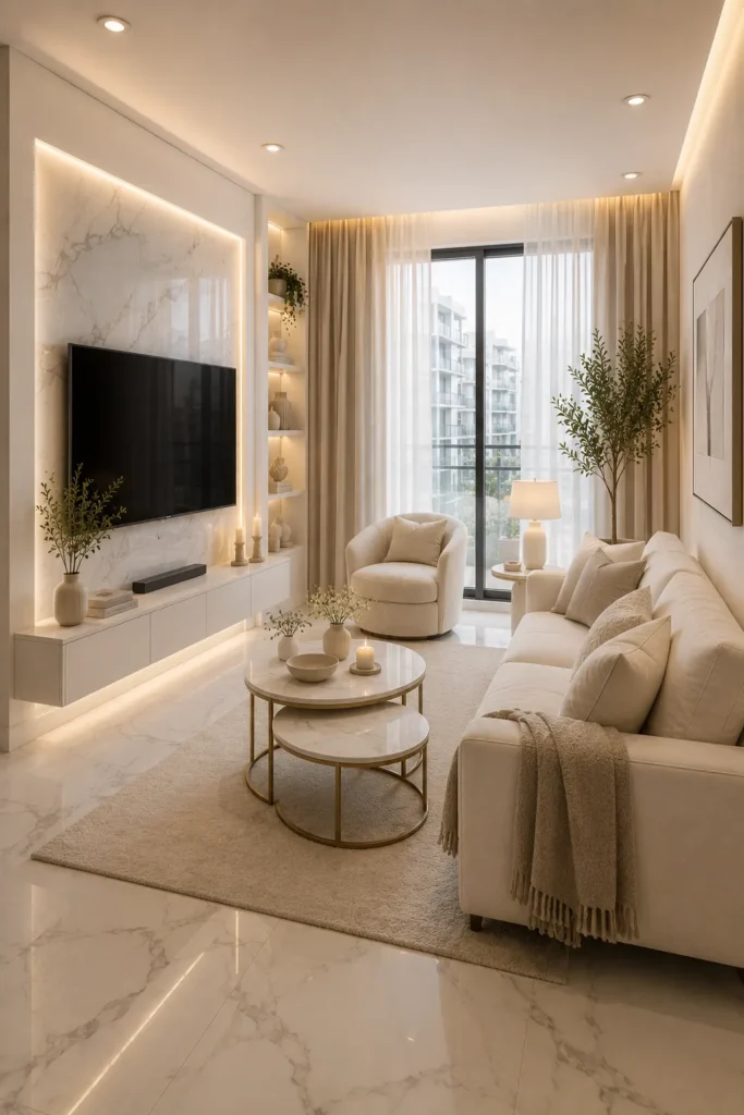 Small White Living Room With Marble Touches Idea