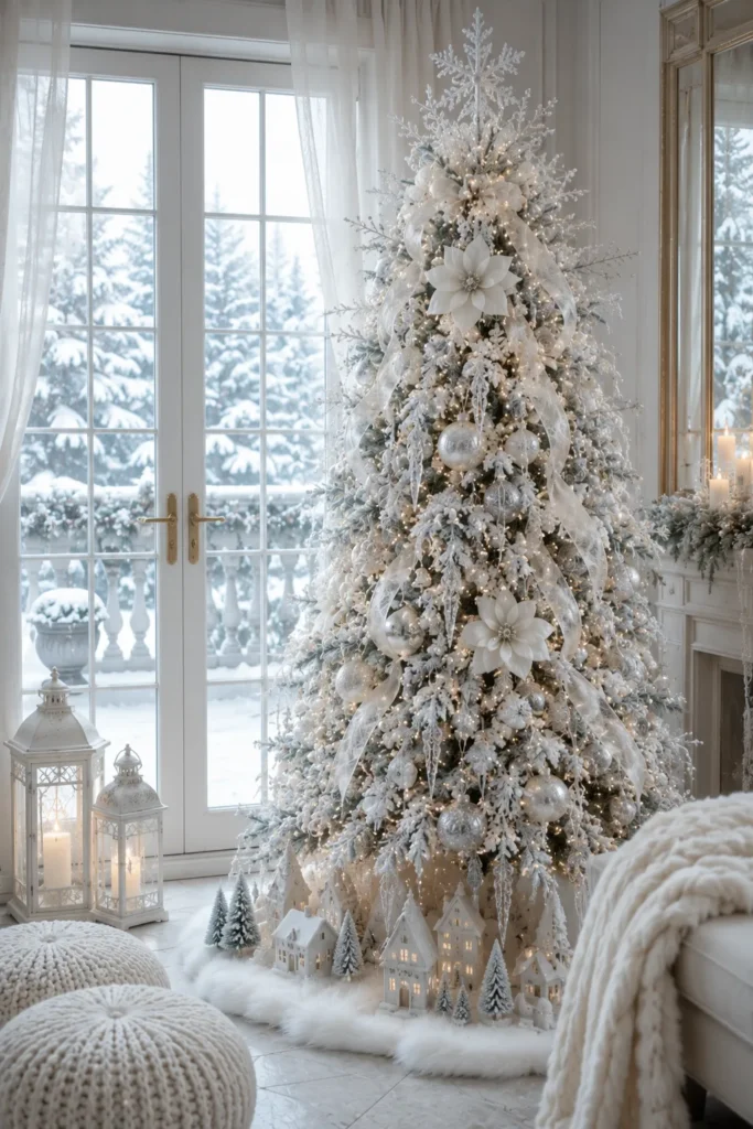 Snowy Balcony Door Christmas Tree Idea