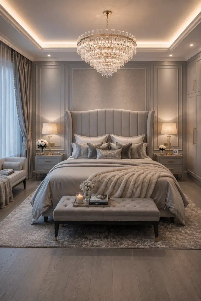 Soft Grey Bedroom with Luxury Drapes Idea