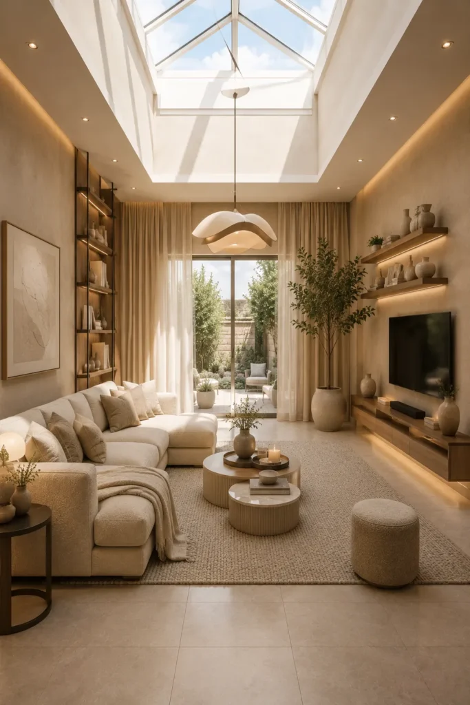 Soft Beige Living Room with Skylight Design Idea