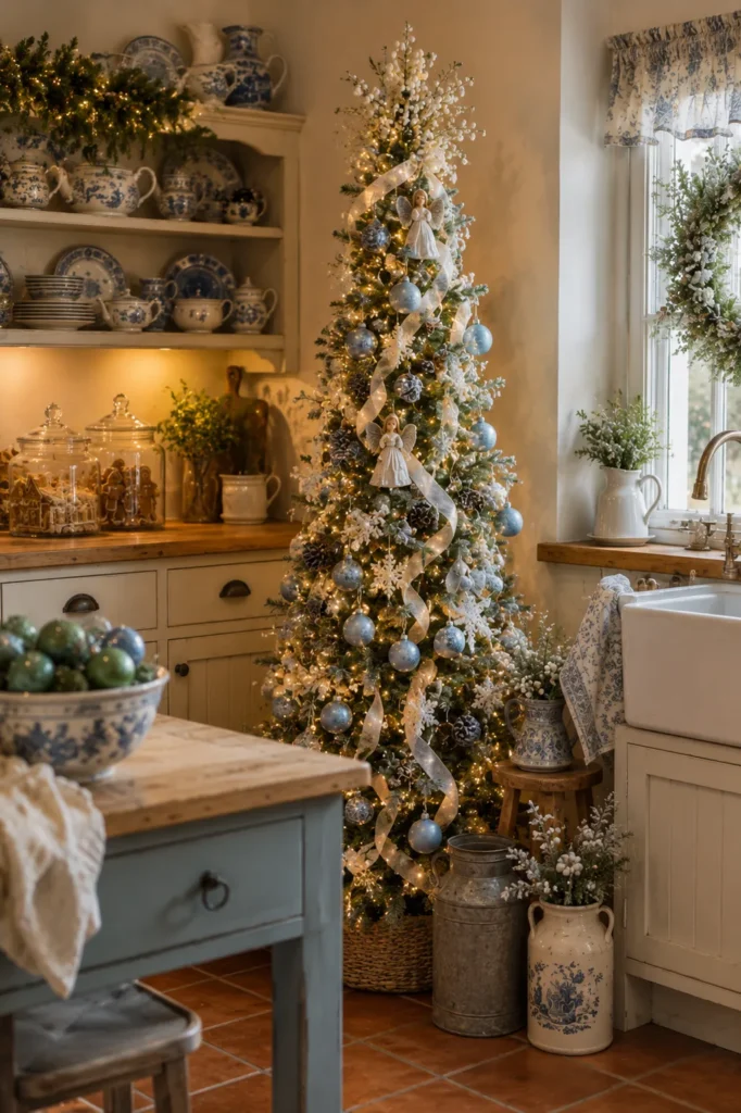 Soft Blue Cottage Kitchen Christmas Tree Idea