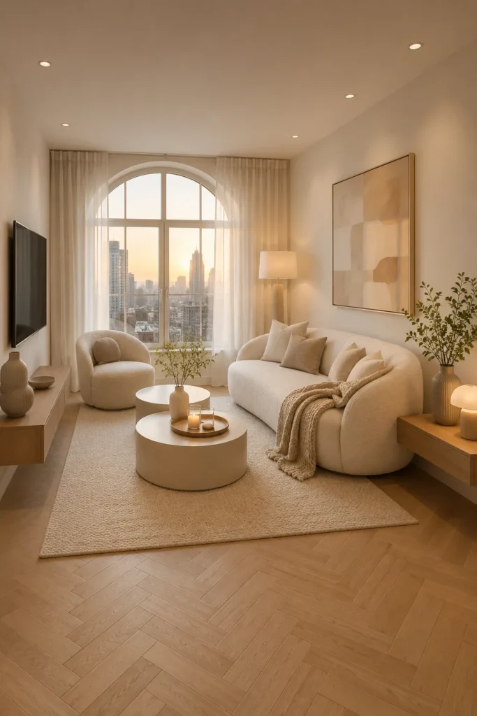 Soft Cream White Living Room With Curved Furniture Idea
