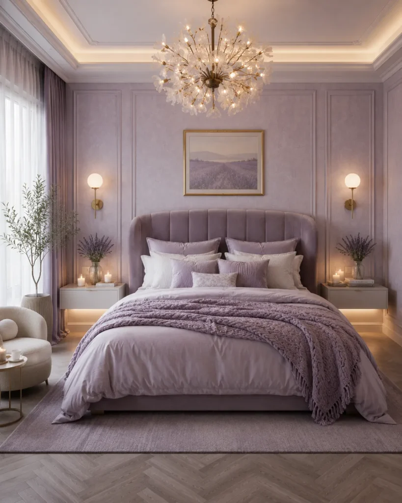 Soft Lavender Bedroom with Romantic Lighting Idea