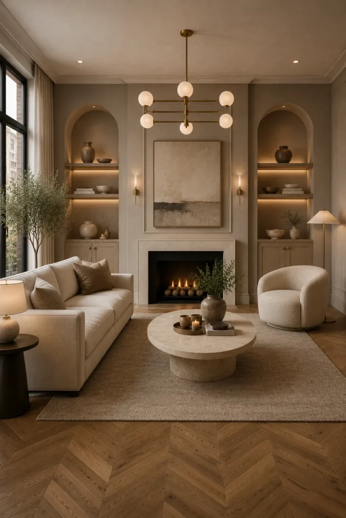Soft Taupe Living Room With Arched Wall Details Idea