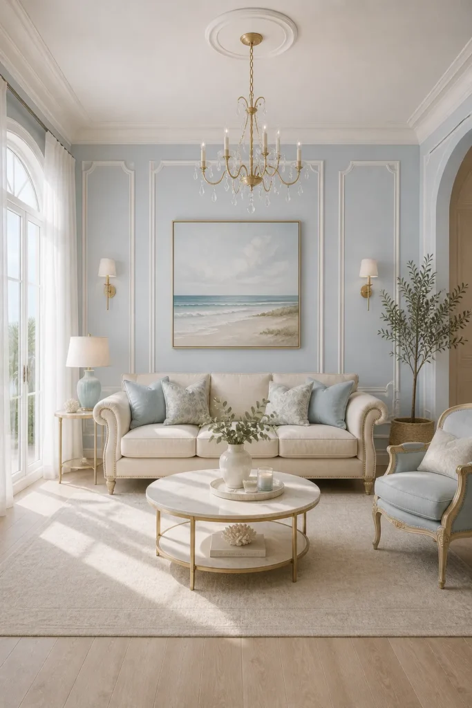 Soft Blue & Beige Coastal Rococo Living Room Idea