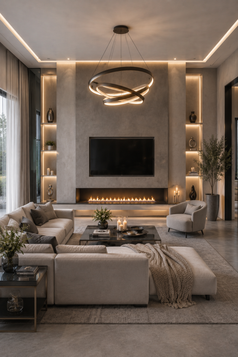 Soft Grey Living Room with Floating Fireplace Wall Idea