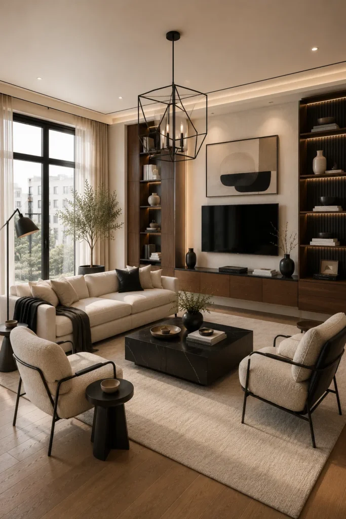 Sophisticated Living Room With Black Accents Idea