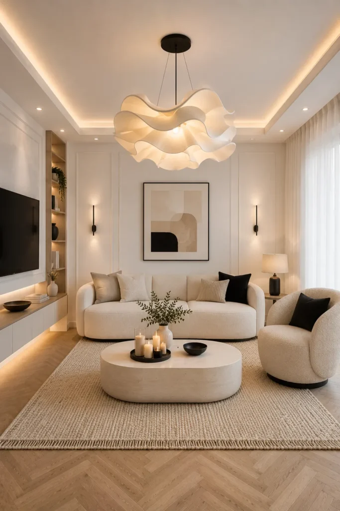 Stylish White Living Room With Statement Lighting Idea