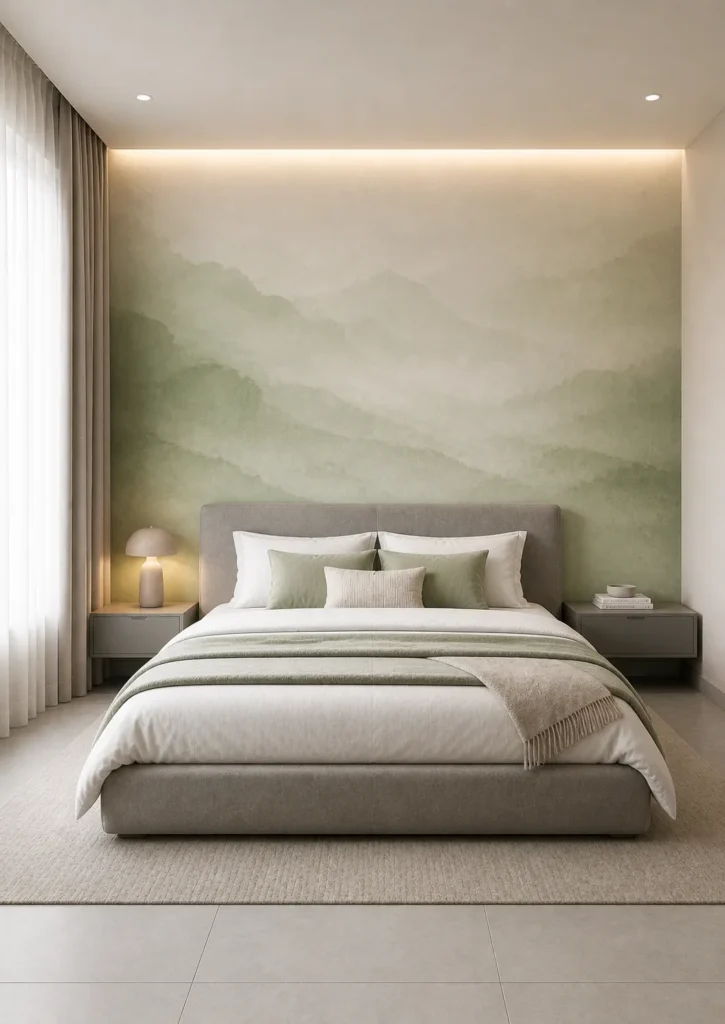 Subtle Green Wall Mural Bedroom Idea