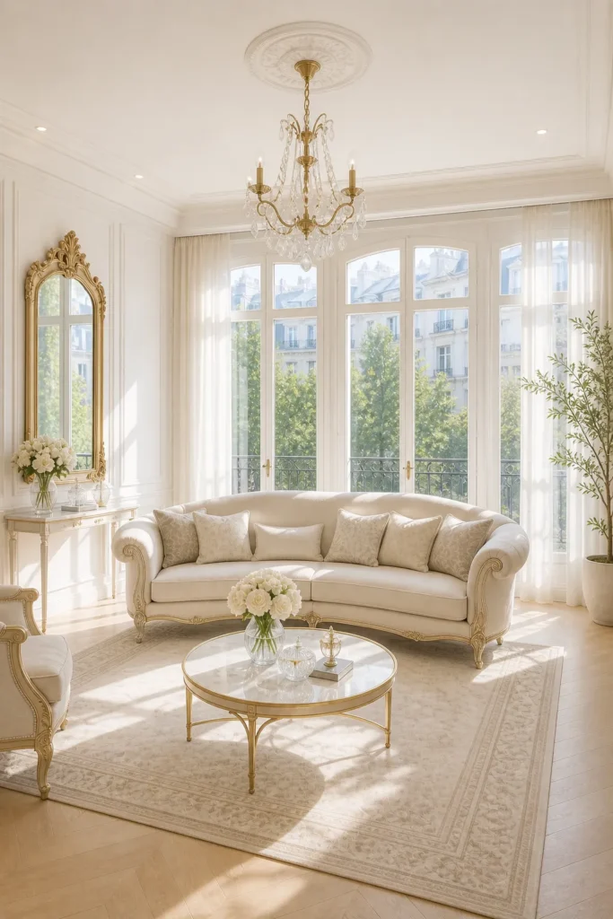 Sunlit Rococo Living Room with Large Windows Idea