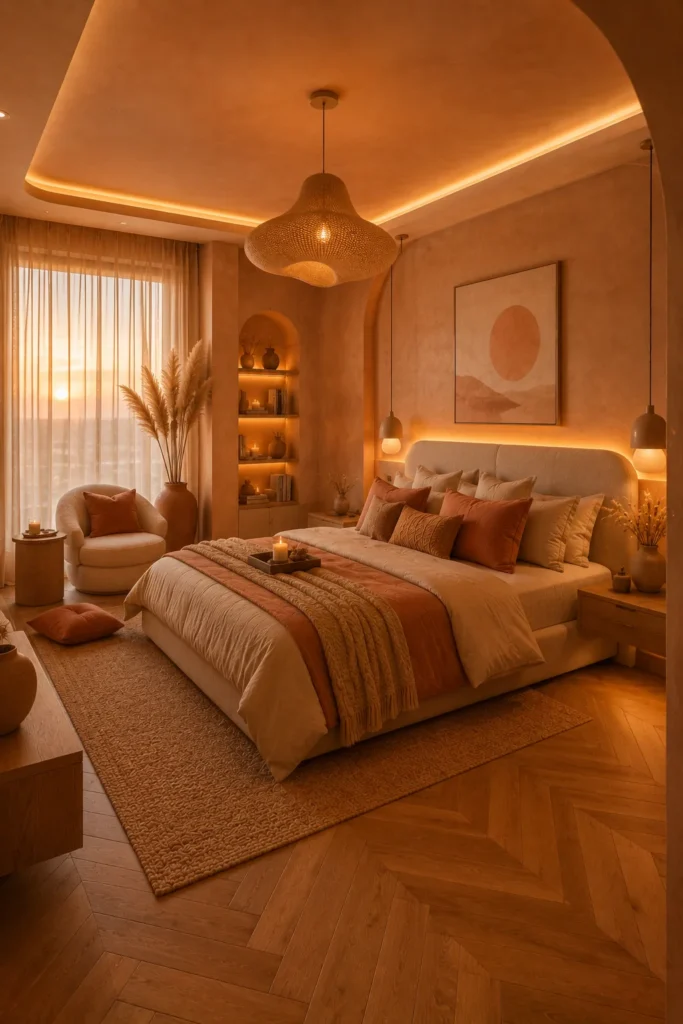 Sunset-Tone Bedroom with Ambient Glow Idea