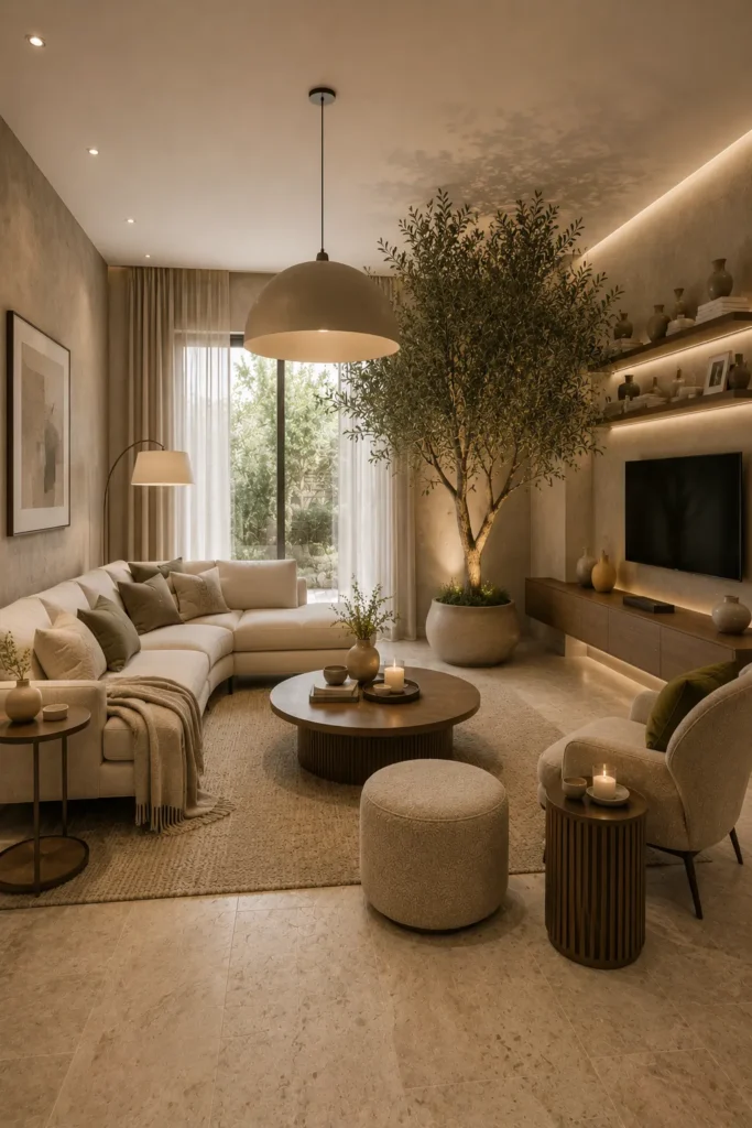 Terraced Living Room with Indoor Tree Feature Idea